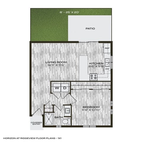 Floor plan for 1 bed, 1 bath, 637 sqft